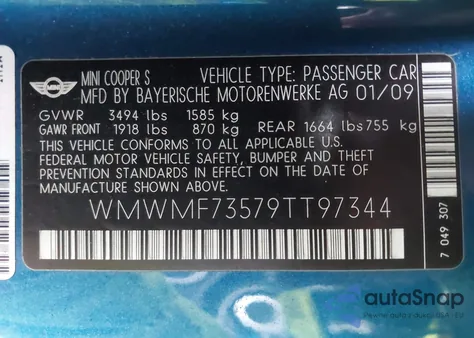 2009 Mini Cooper S z USA, uszkodzony, nr VIN WMWMF73579TT97344